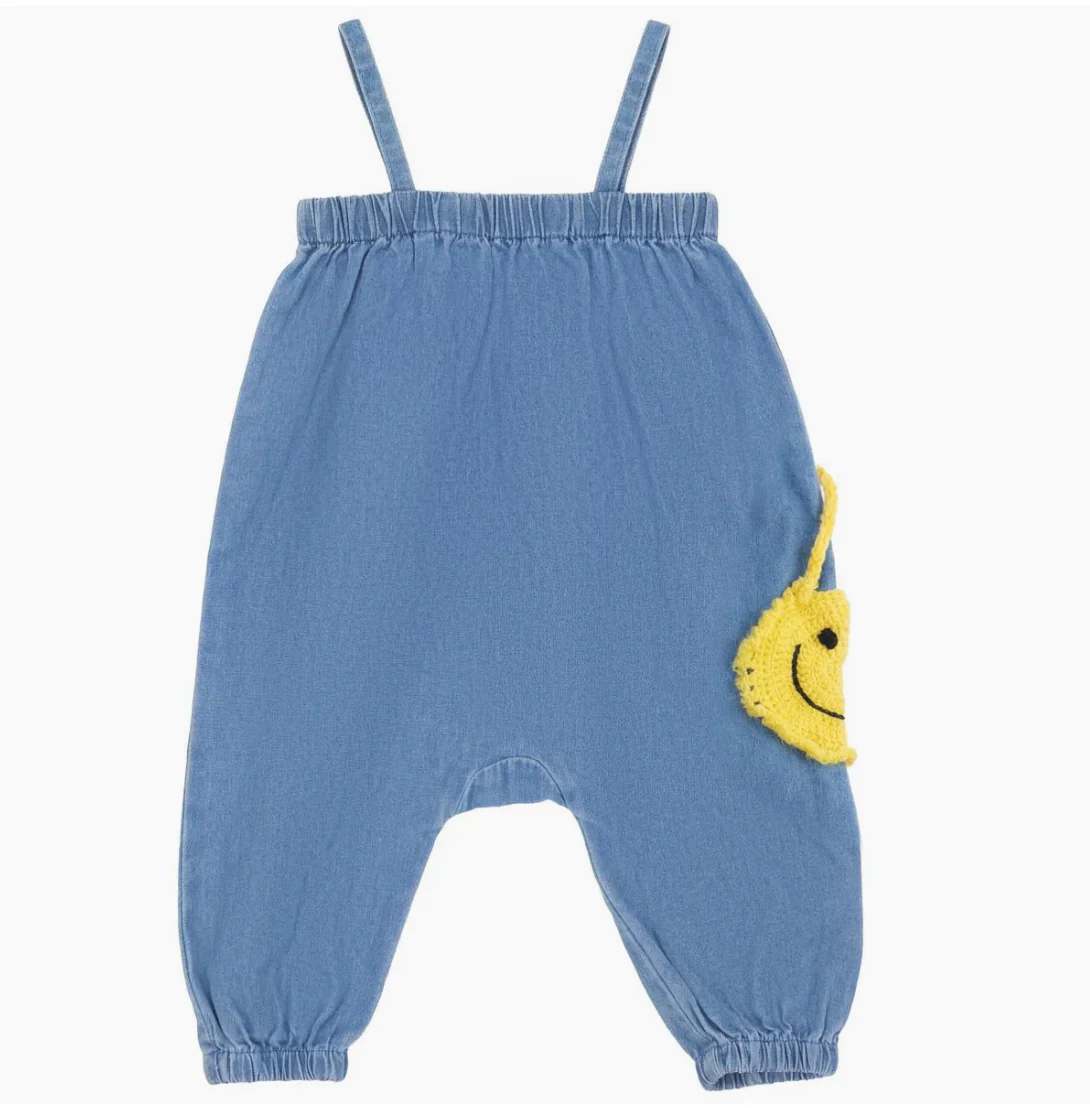 Pompomme Denim Crochet Applique Denim Romper P7418