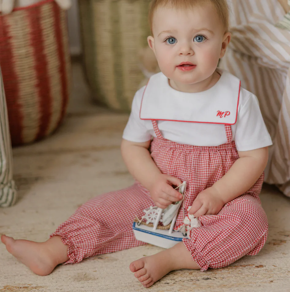 Pompomme Red Gingham Long Romper P7578