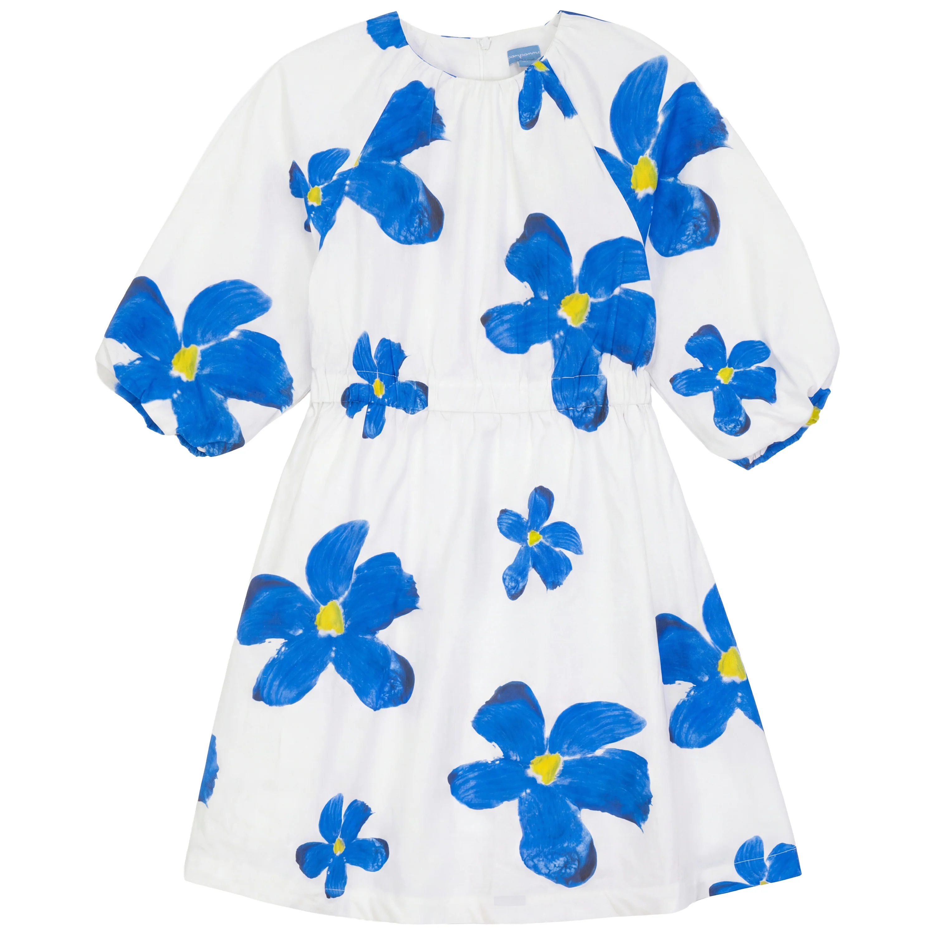 Pompomme White/Blue Painted Flower Waisted Dress P7264