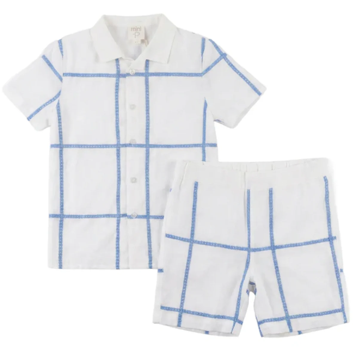 Pompomme White/Blue Plaid Emroidered Detail Shirt Set P7422