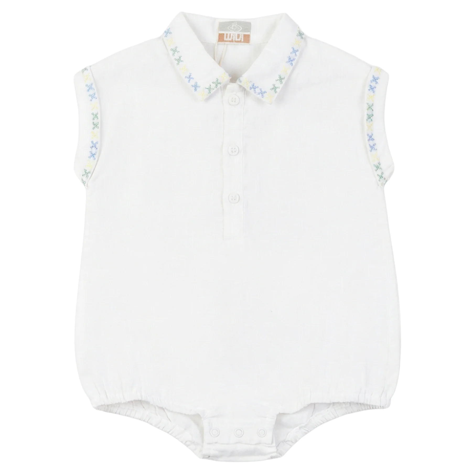 Pompomme White Cross Stitched Embroidered Linen Romper Bb P7570