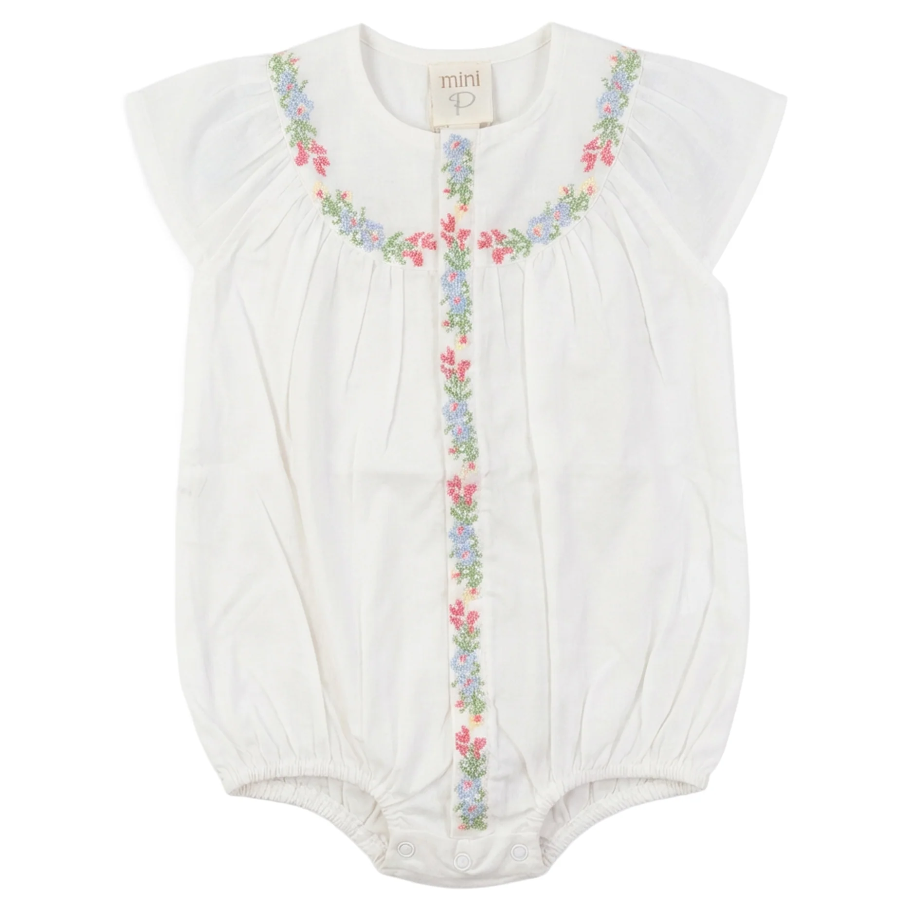 Pompomme White Cross Stitched Embroidered Linen Romper Bg P7510