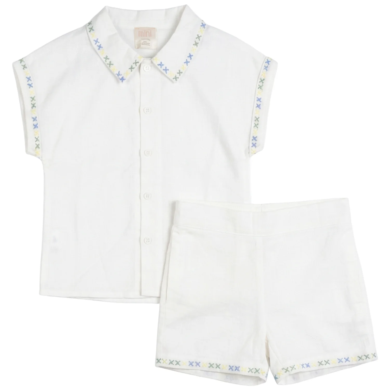 Pompomme White Cross Stitched Embroidered Linen Set P7410