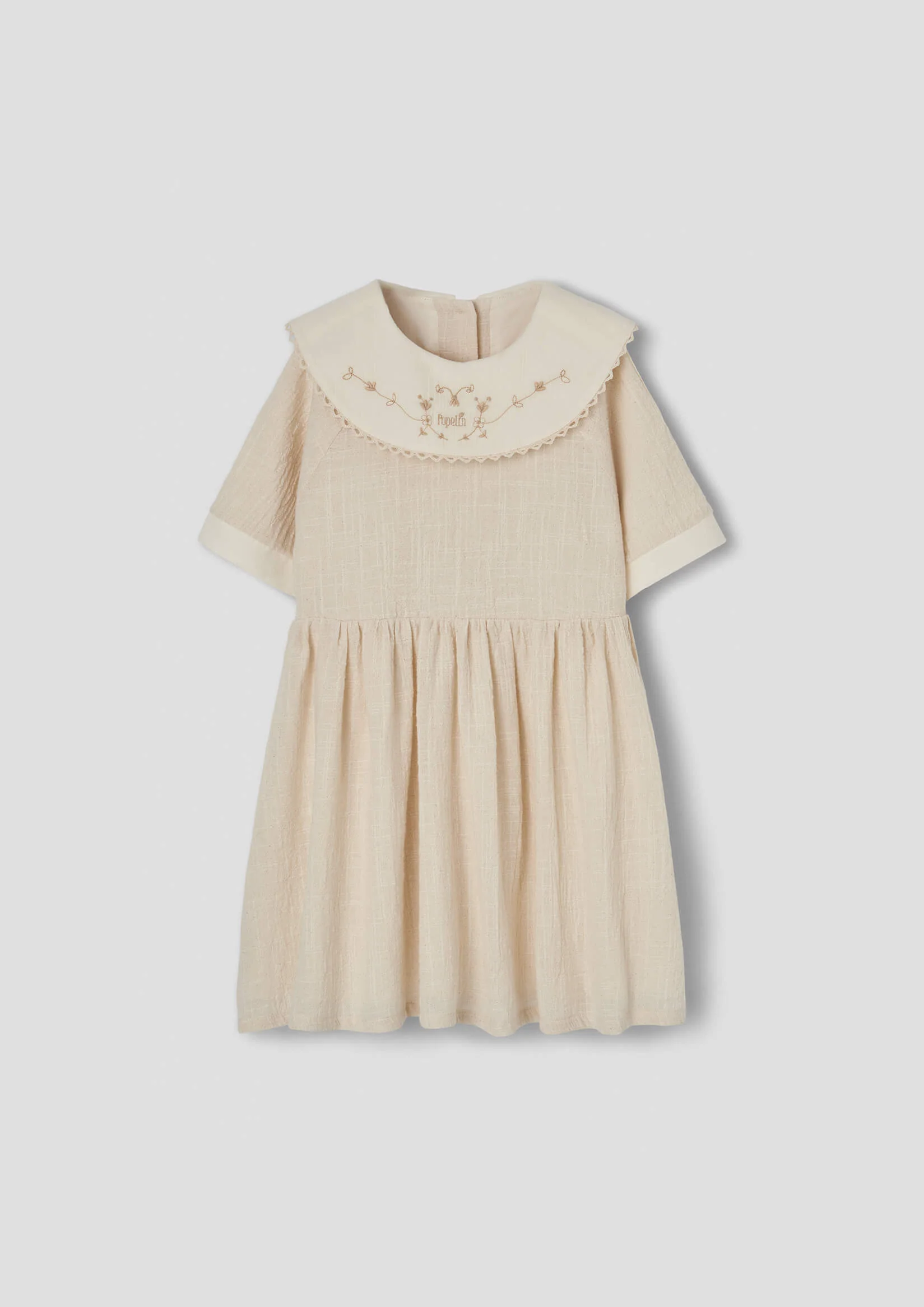 Popelin Off-white short dress with embroidered bib collar (Mod.41.1)