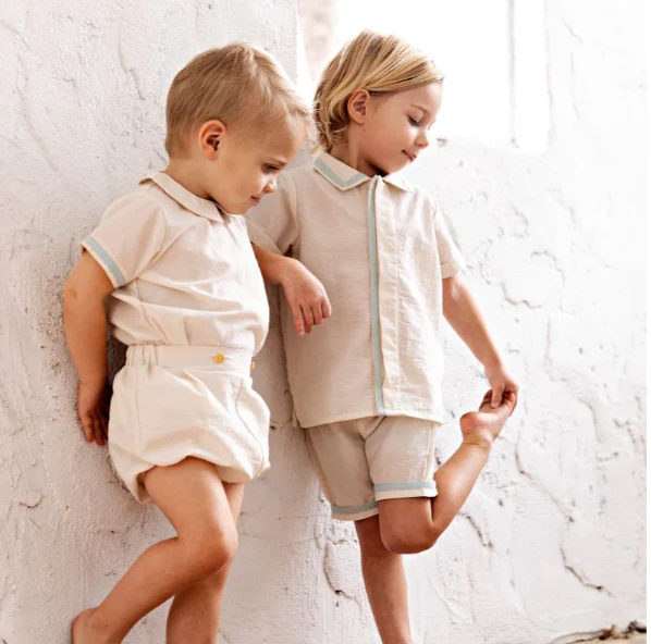 RetroKid Cream/ Blue Bennet Baby Boy Button Up Set - Image 4