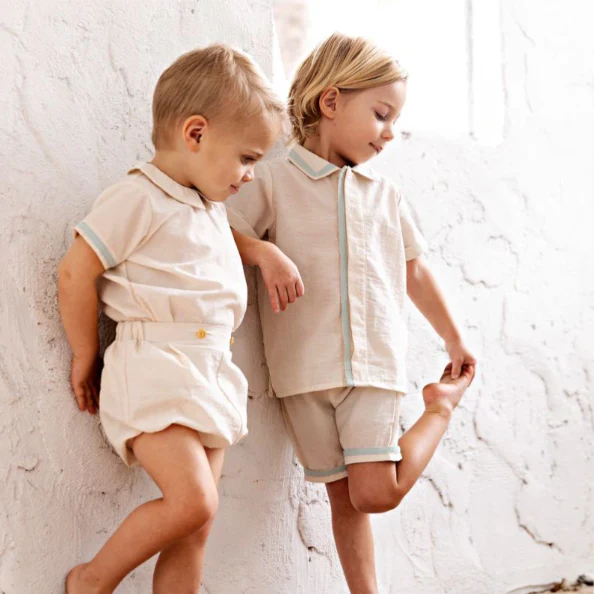 RetroKid Cream/ Blue Bennet Boys Collar Shirt + Short Pants Set - Image 3