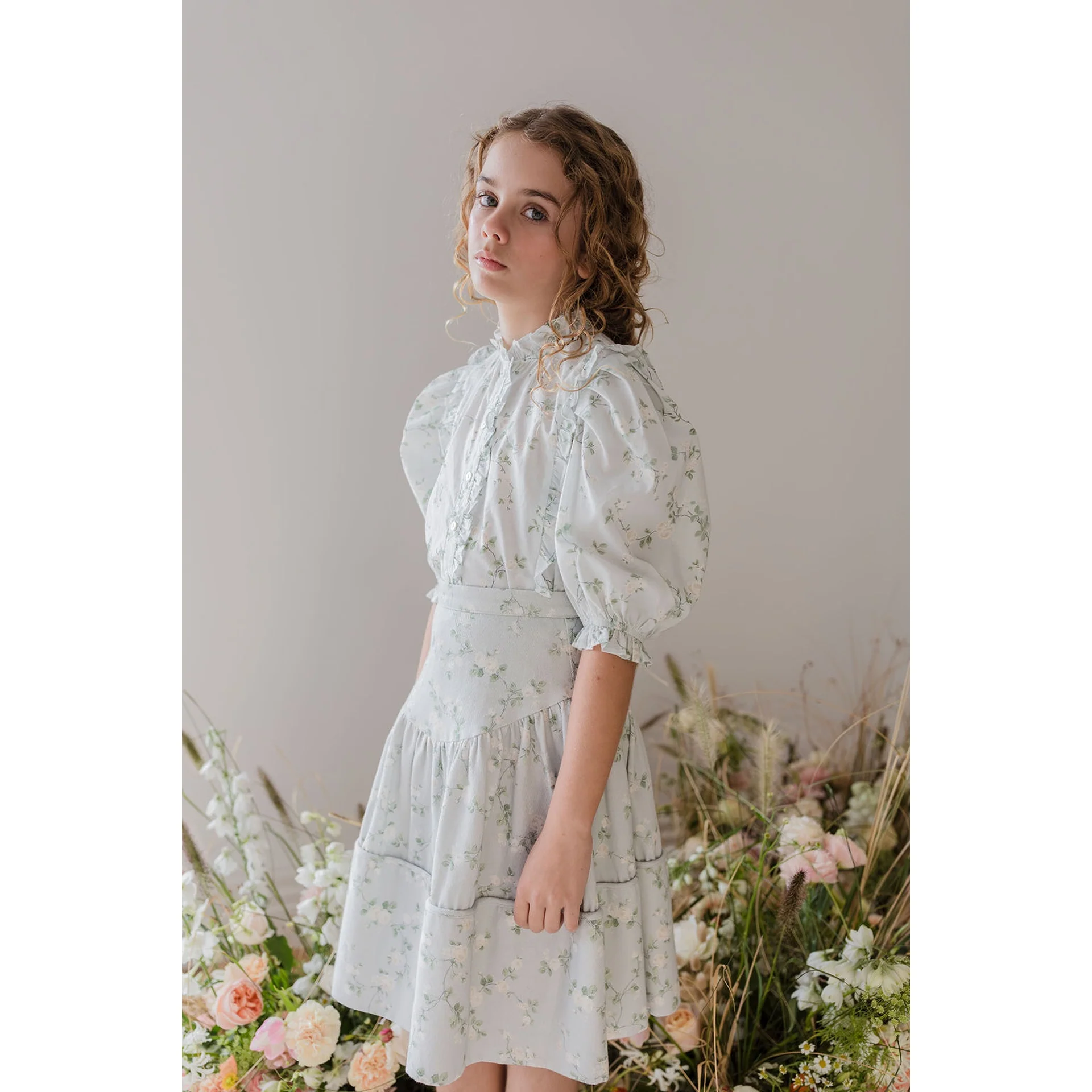 Steph Cream Bud Print Chambray Skirt