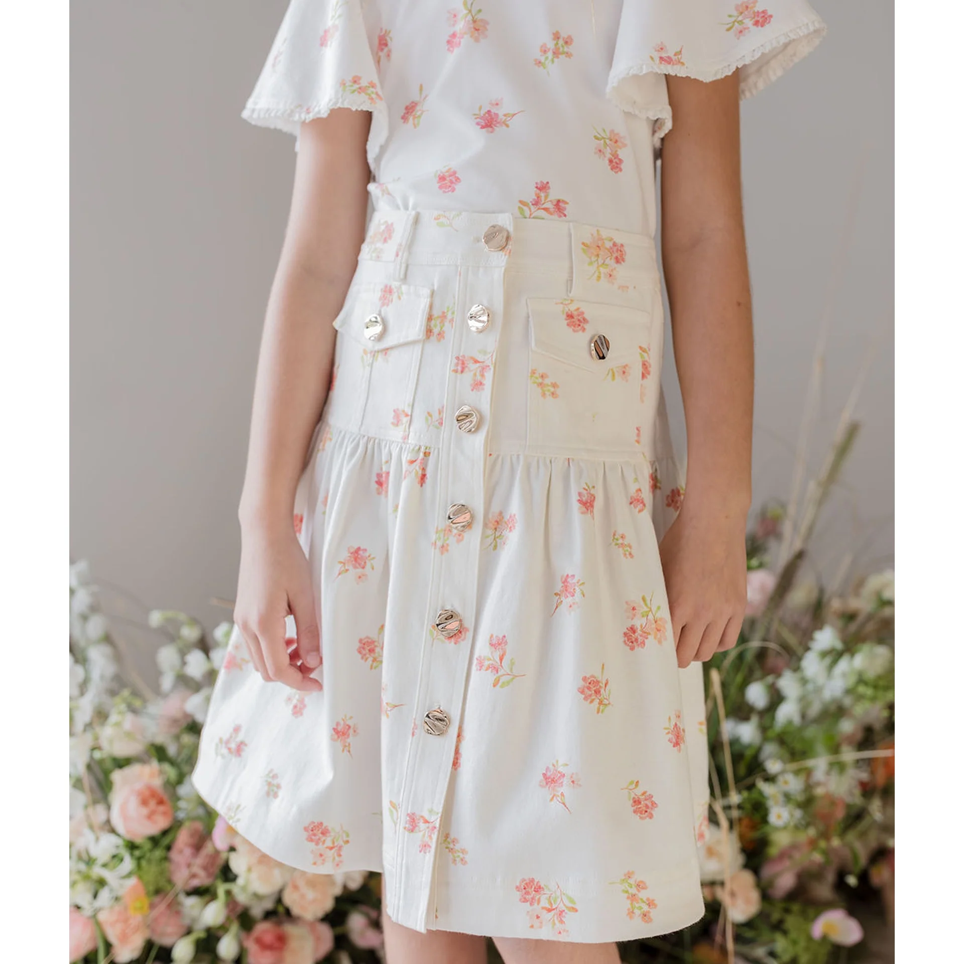 Steph Petite Rose Print Denim Skirt - Image 2