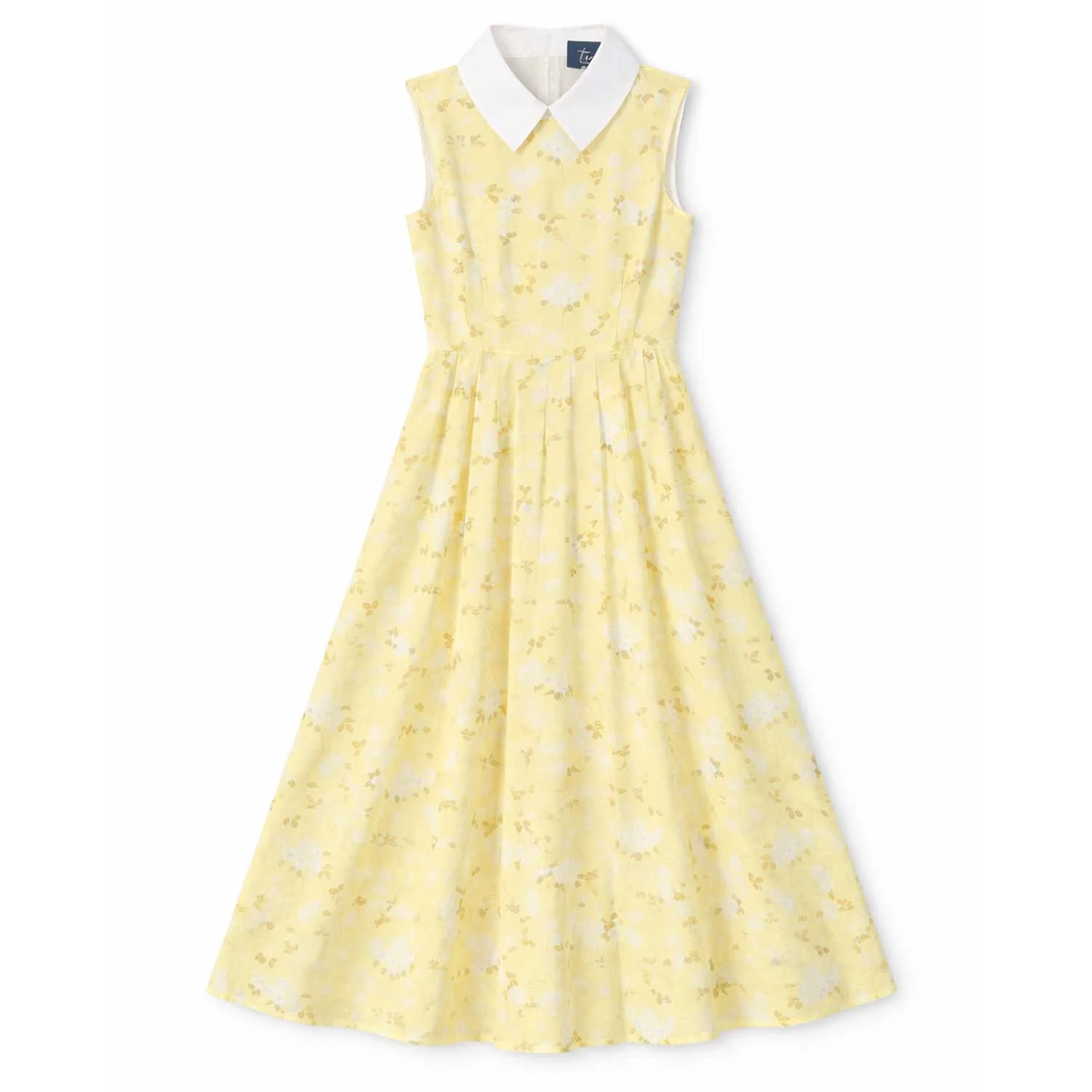 Tea Yellow Print Sleeveless Pleated Skirt Dress With White Fold Down Collar
