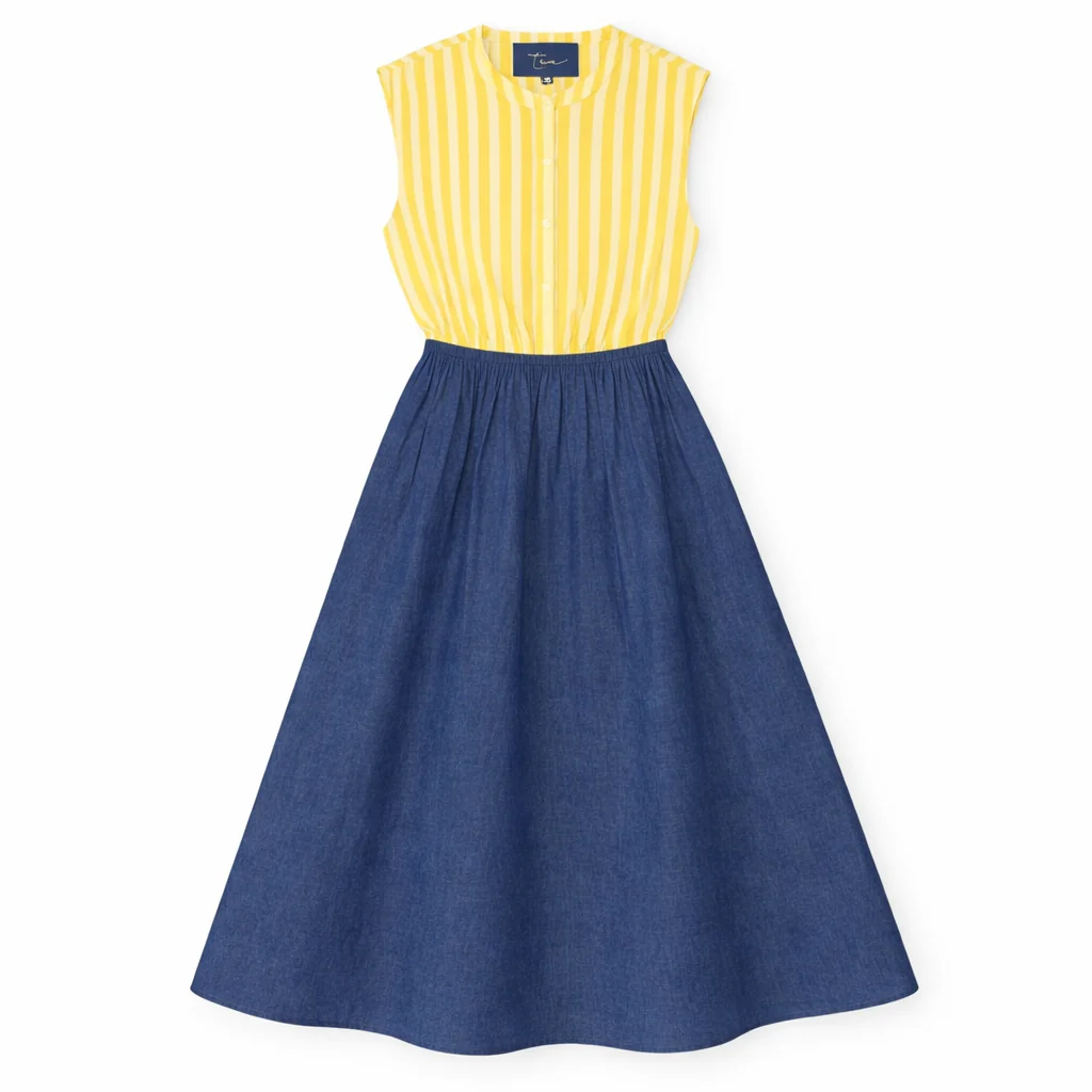 Tea Yellow Striped Top Denim Skirt Dress