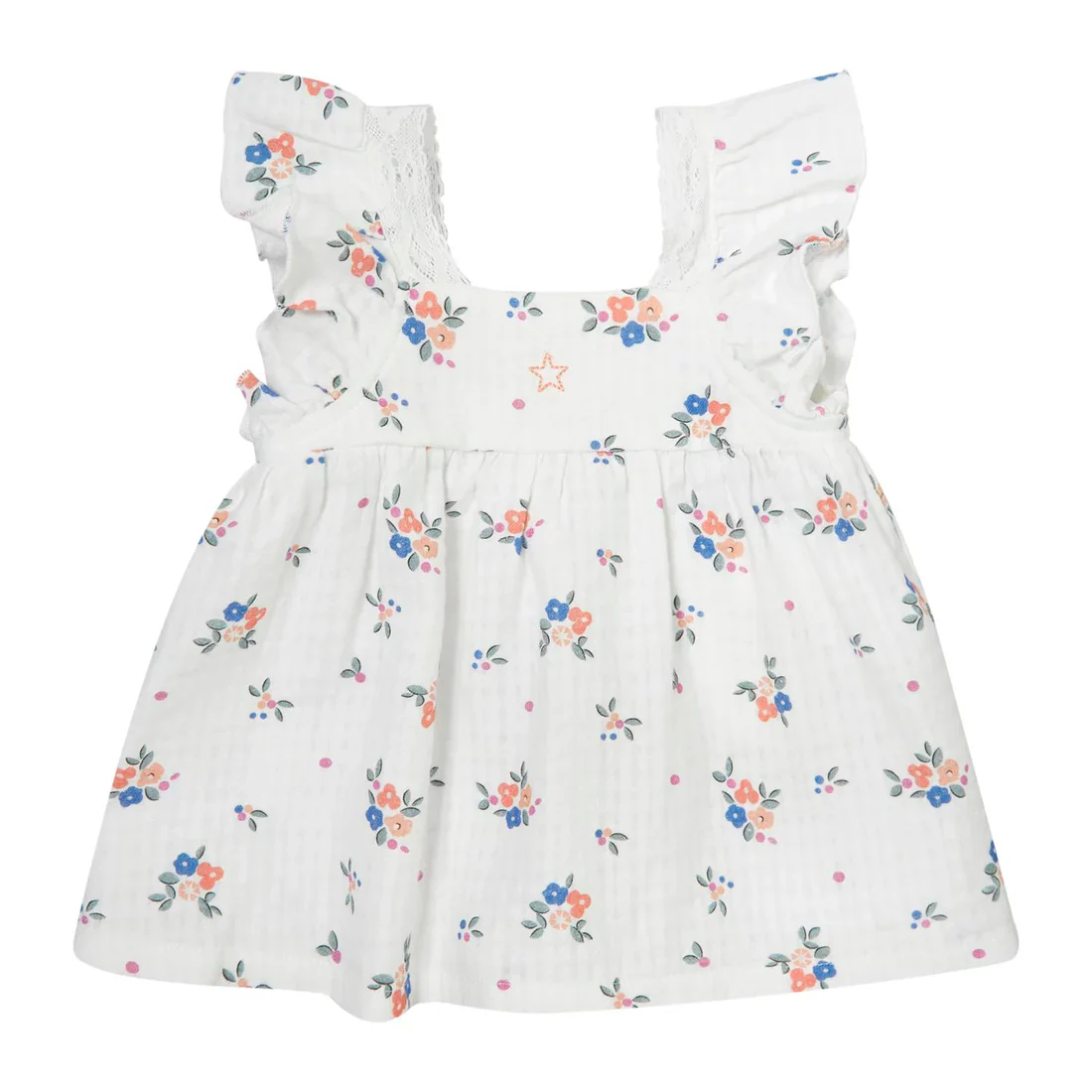 Tocoto Vintage Off White Ruffled Short Blouse With Flowers Print And Straps