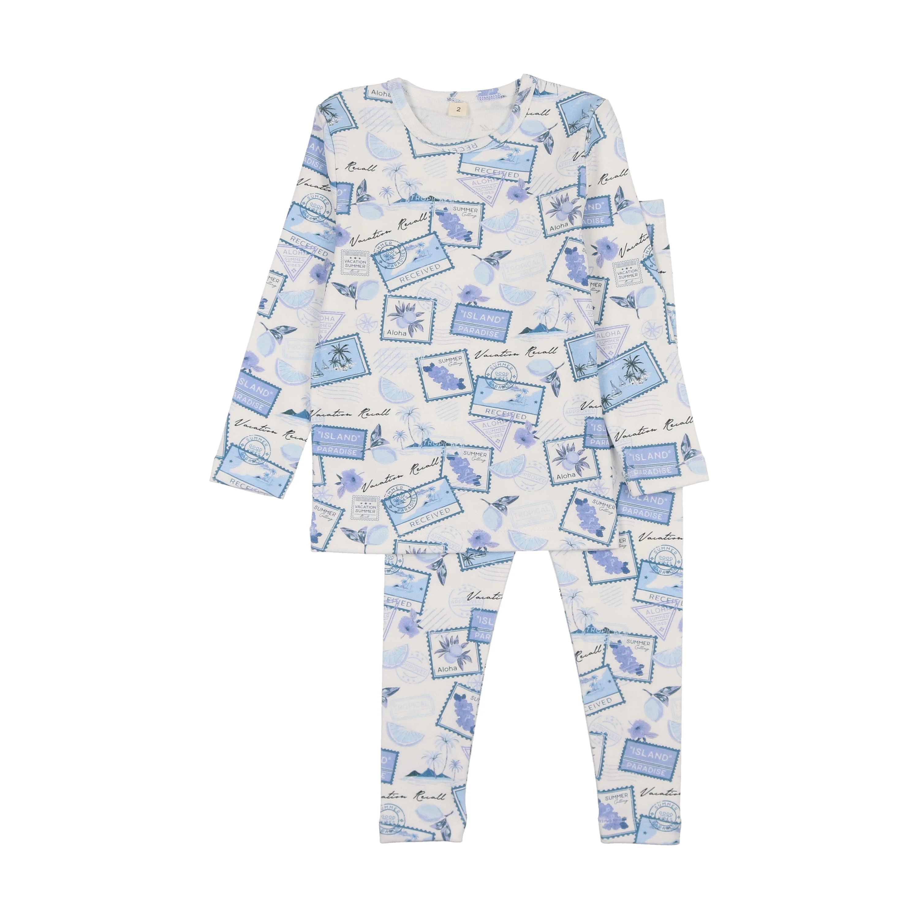 Bonjoy Tropical Travels Long Sleeve Pajamas - Stamp Print Blue