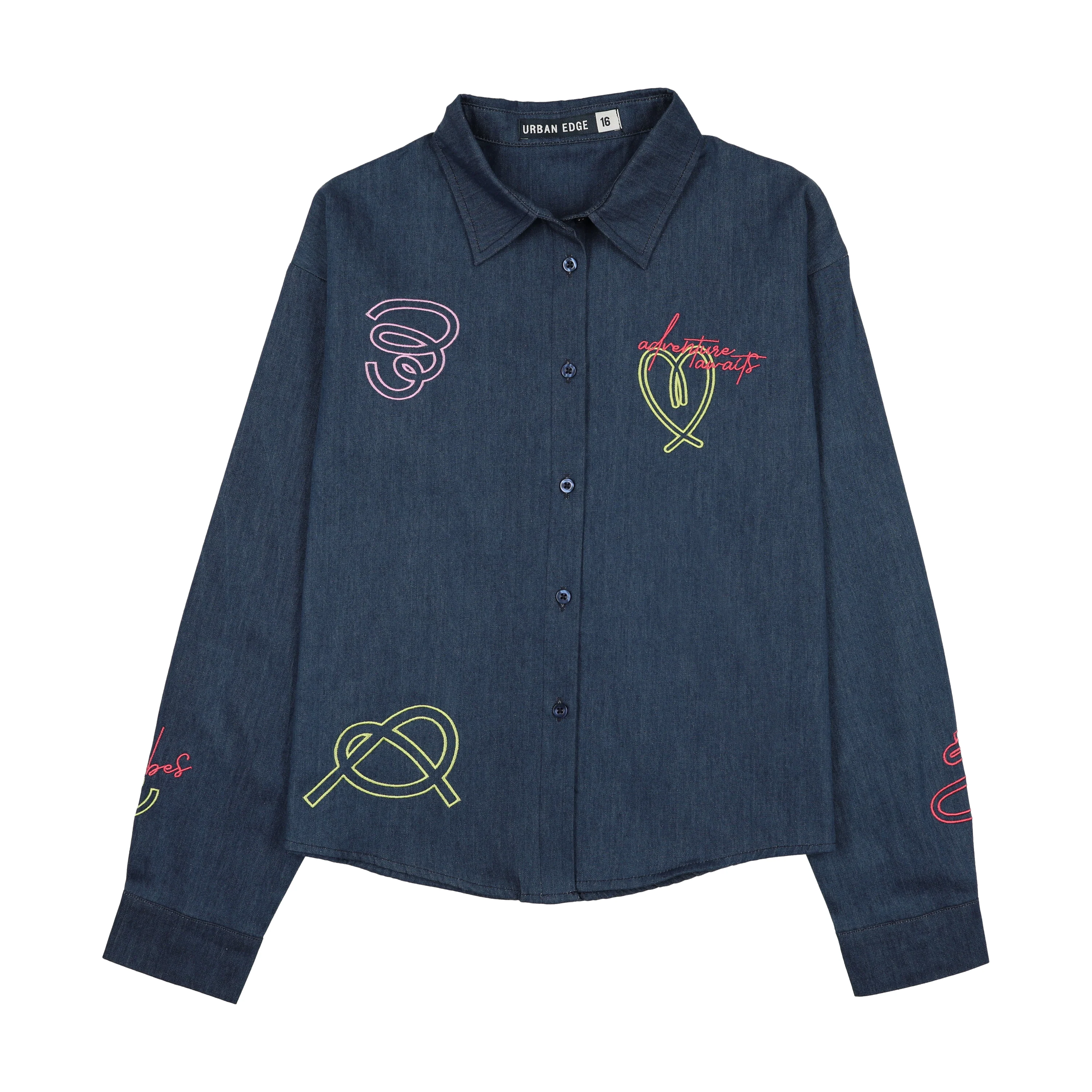Urban Edge Navy Neon Embroidered Denim Shirt