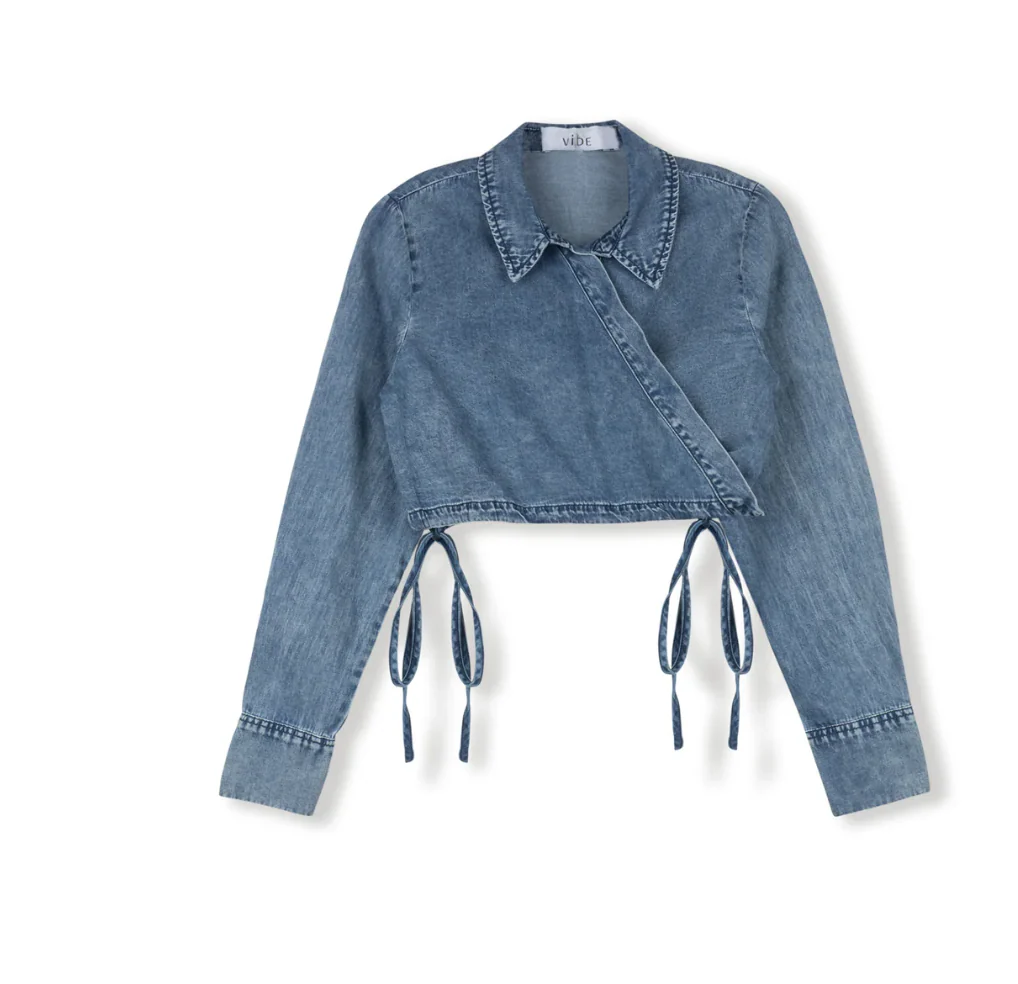Vibe Bruce Chambray Wrap Top- blue denim