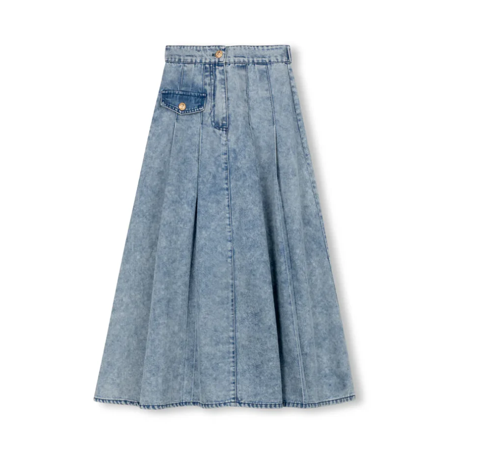 Vibe Single Pocket Denim Pleated Maxi Skirt